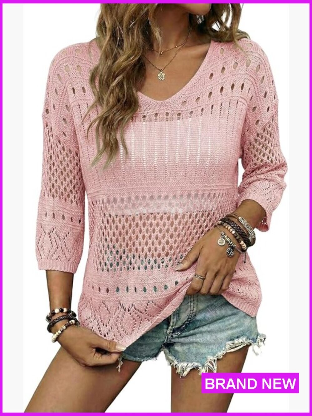 Lightweight Crochet Hollow Out Knit Pullover Sweater 3/4 Sleeve Beach Vacation
